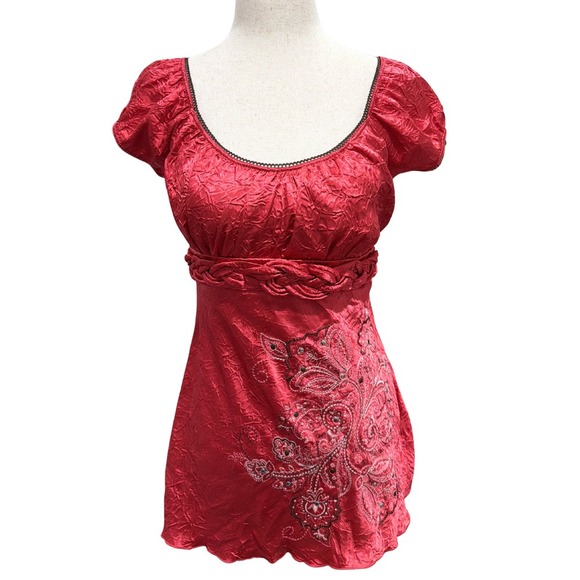 The Unbranded Brand Tops - Y2K Womens Red Tie Back Babydoll Tunic Top Braided Waist Embroidered Floral S/M